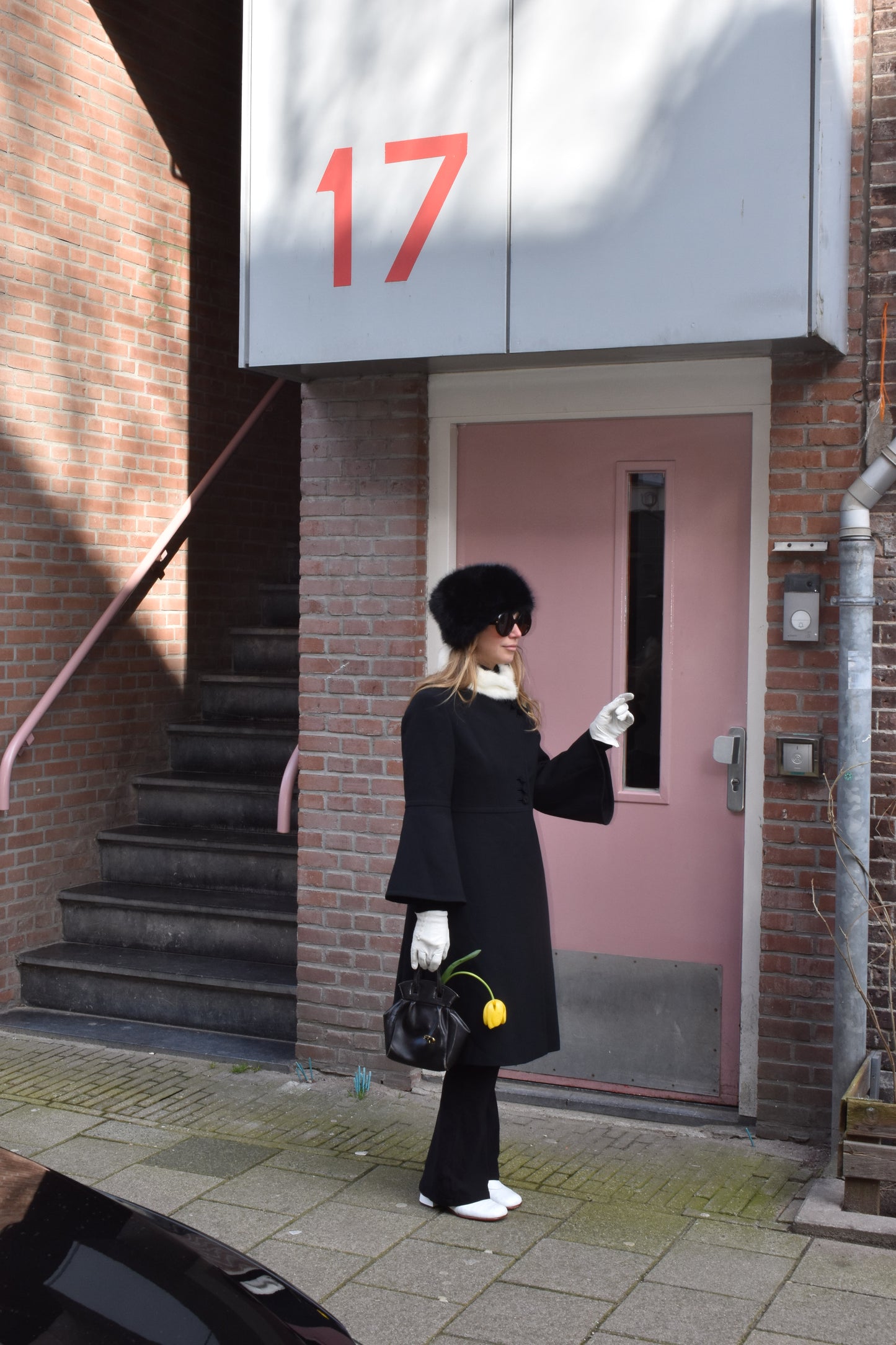 60's Black Coat With Fur Collar