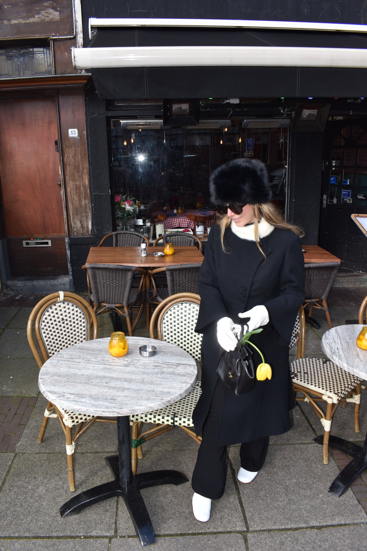 60's Black Coat With Fur Collar