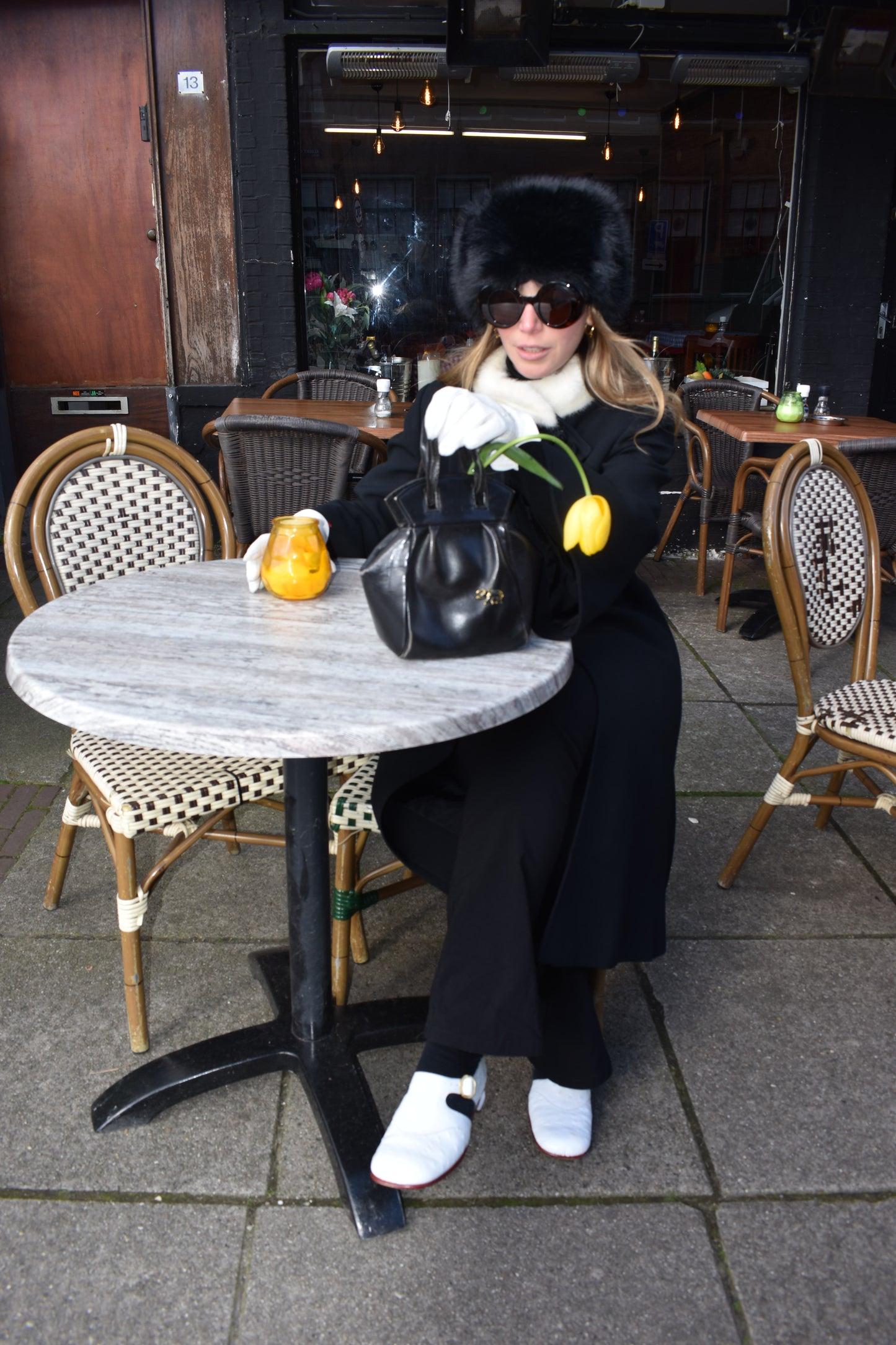 60's Black Coat With Fur Collar