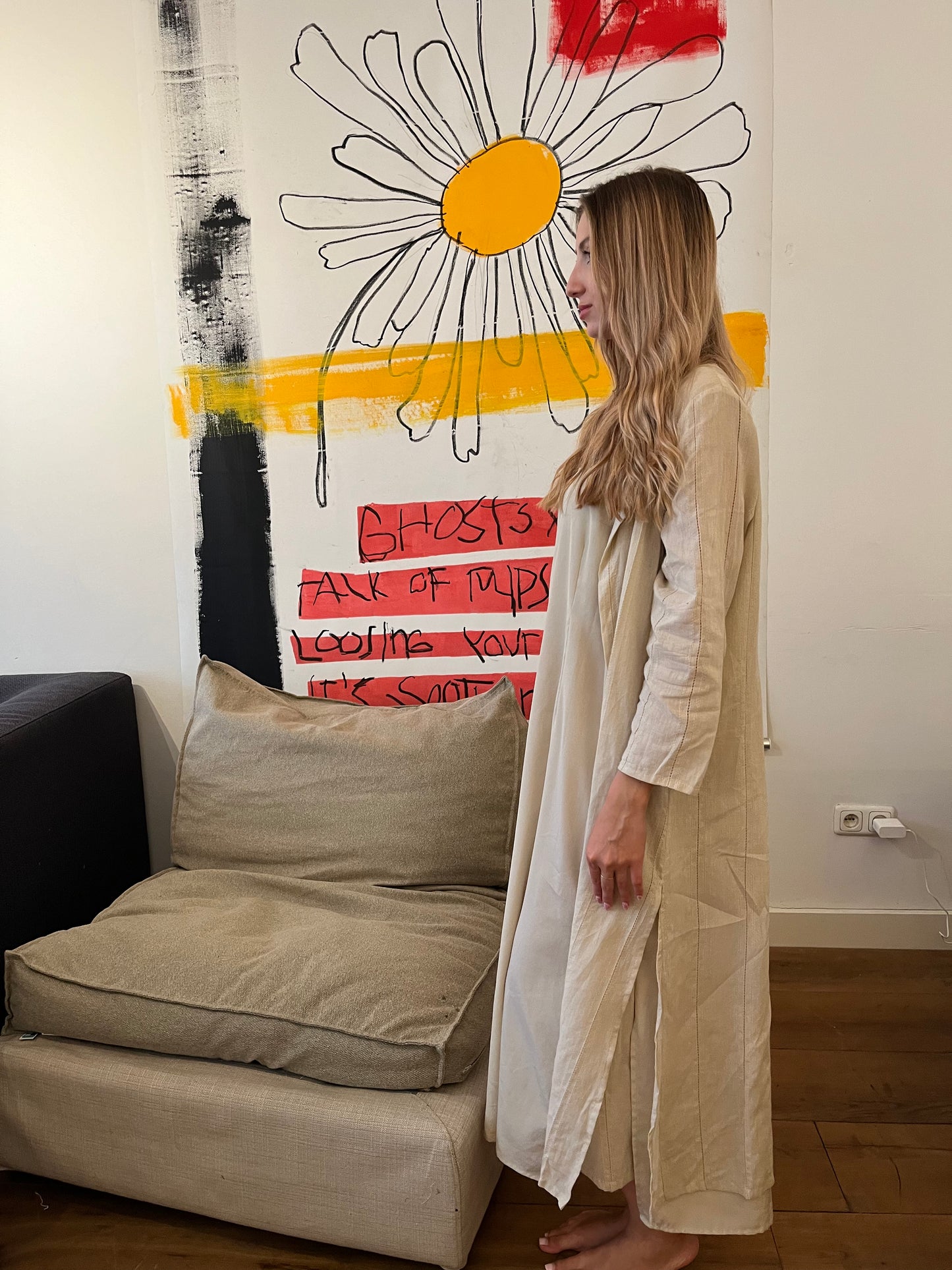 Off-White Cotton Tunic and Silk Dress Set