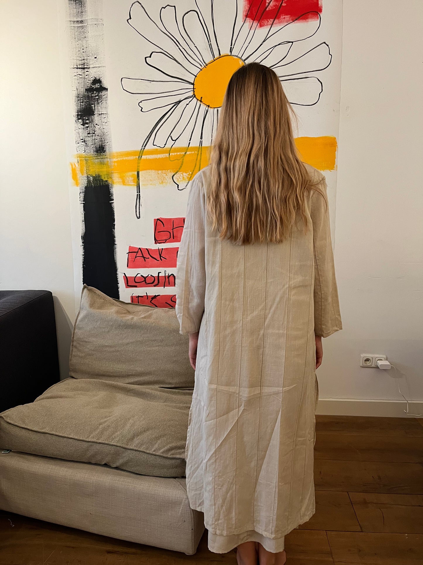 Off-White Cotton Tunic and Silk Dress Set